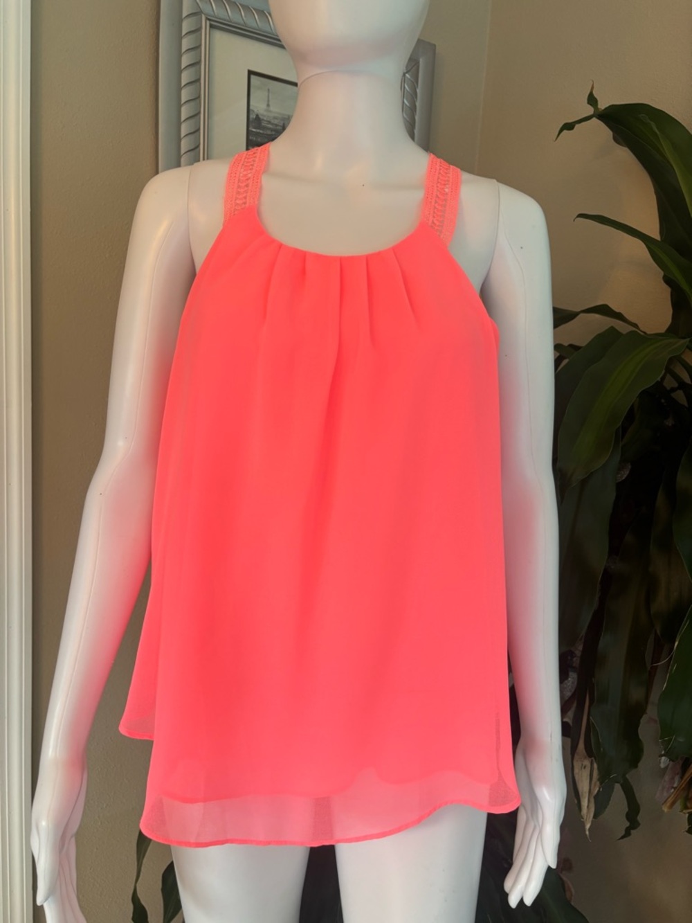 Bright Neon Coral Crochet-Strap Camisole
